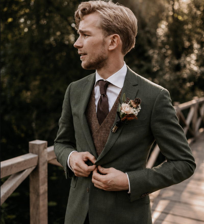 Groen trouwpak met bruin gilet