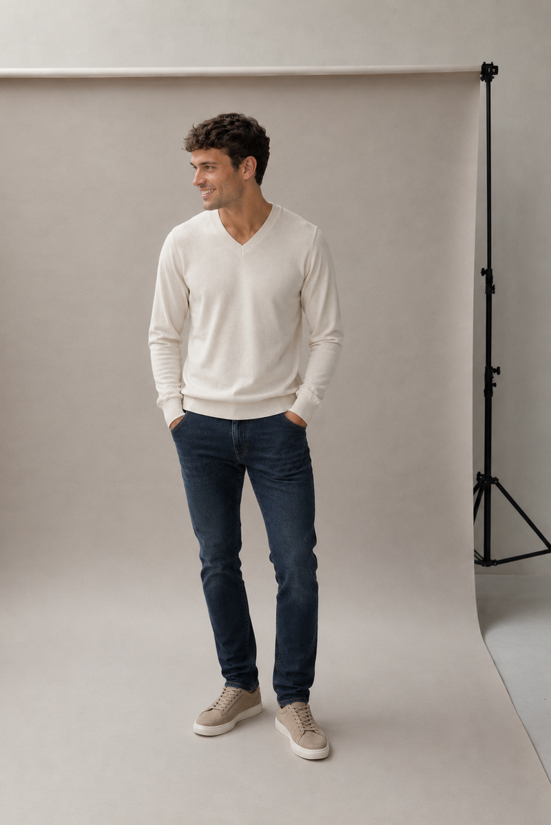 Heren casualwear met jeans en lichte knitwear bij Garman in Nijkerk